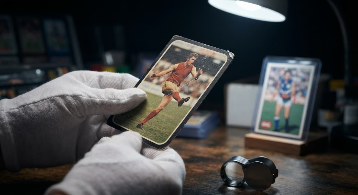 A gloved hand tilts a footy card under a lamp to show a worn corner, chipped edge and surface scratch.