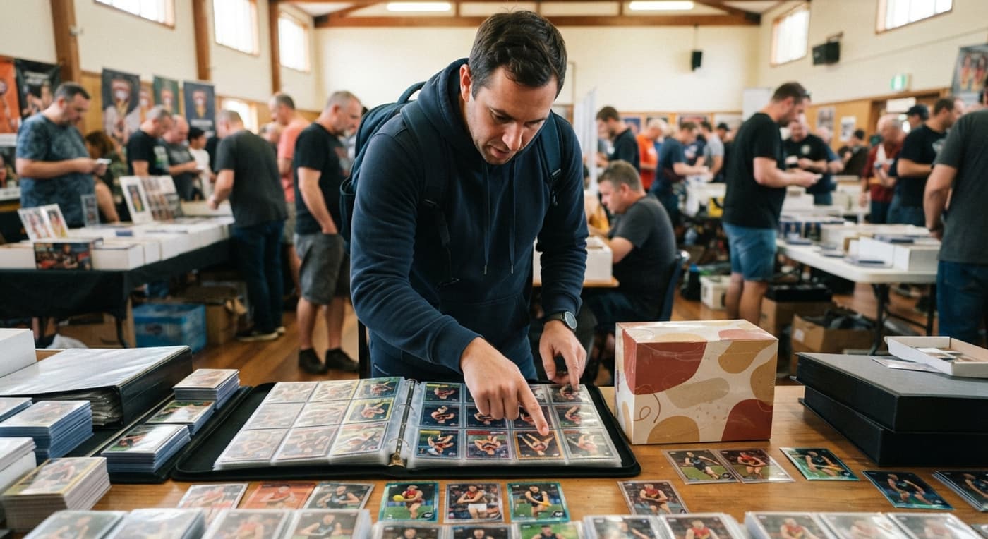 A shopper browses binders of single footy cards beside a sealed box at a busy card fair.