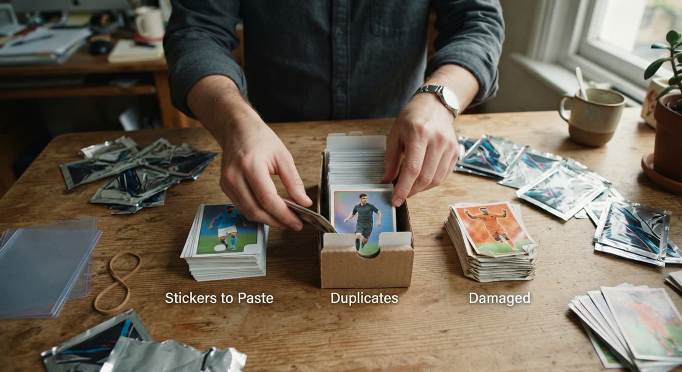 Cromos repetidos ordenados en una caja con separadores y fundas sobre una mesa, junto a sobres abiertos.