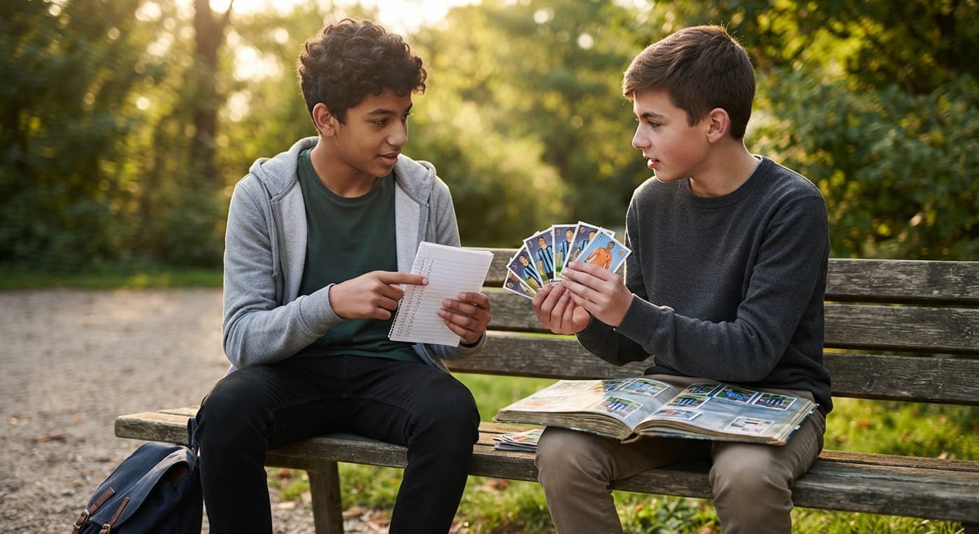 Dos jóvenes cambian cromos en un banco del parque con una lista de números y un álbum abierto.