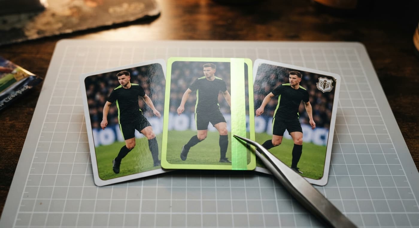 Três cards de futebol do mesmo jogador lado a lado, mostrando versões diferentes de base e subsérie.