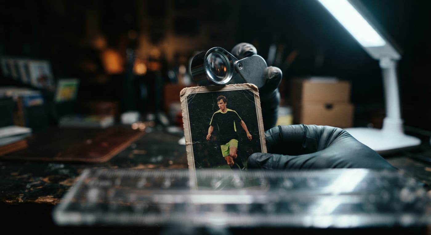 Lupa sobre o canto de um card antigo de futebol para checar desgaste e centralização antes de gradear.