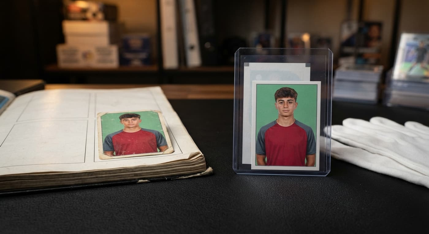 Comparação entre figurinha colada em página de álbum e cromo idêntico protegido em sleeve rígido.