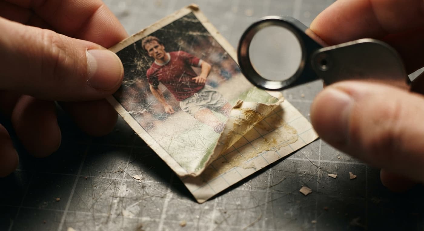 Mãos examinam com lupa e luz rasante uma figurinha antiga de futebol, buscando riscos e resíduo de cola no verso.