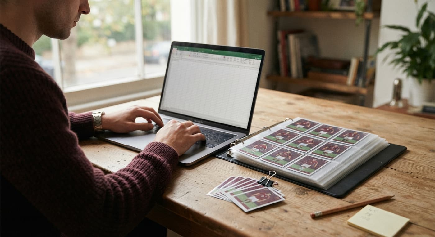 Pessoa organiza figurinhas de futebol em fichário ao lado de um notebook com planilha, em uma mesa perto da janela.