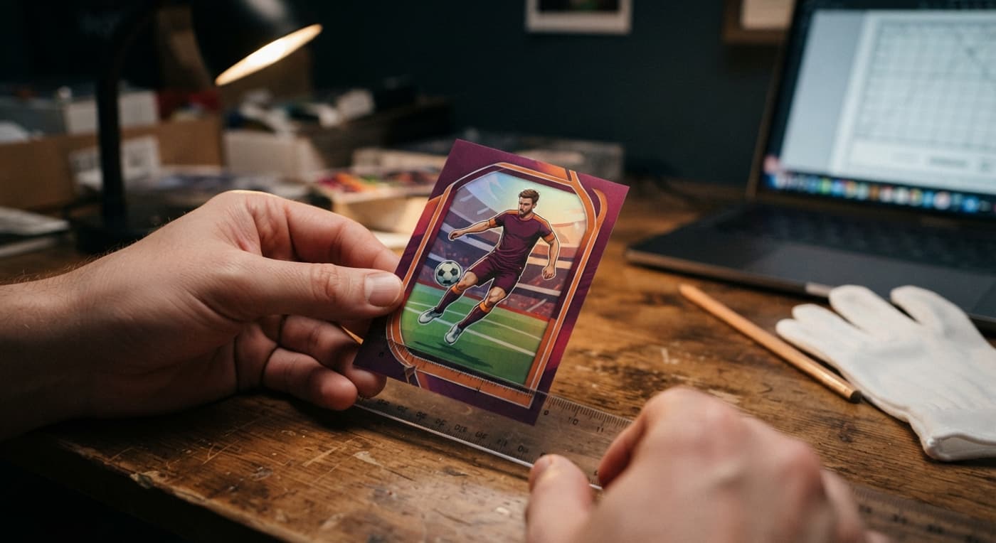 A collector measures the border widths of a soccer card with a clear ruler at a desk under a lamp.