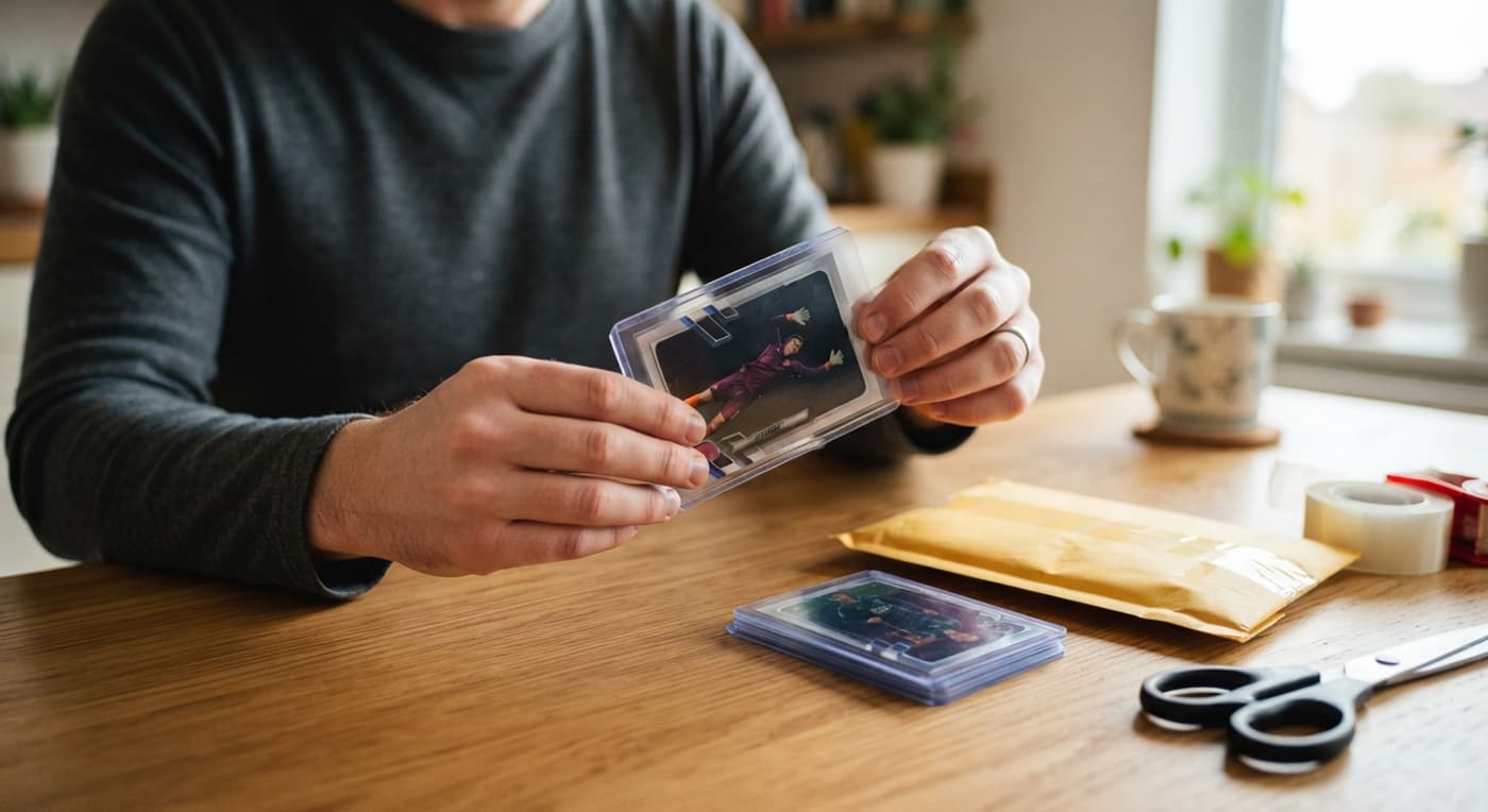 A collector packs a few sleeved soccer cards into rigid holders and a padded envelope at a kitchen table.