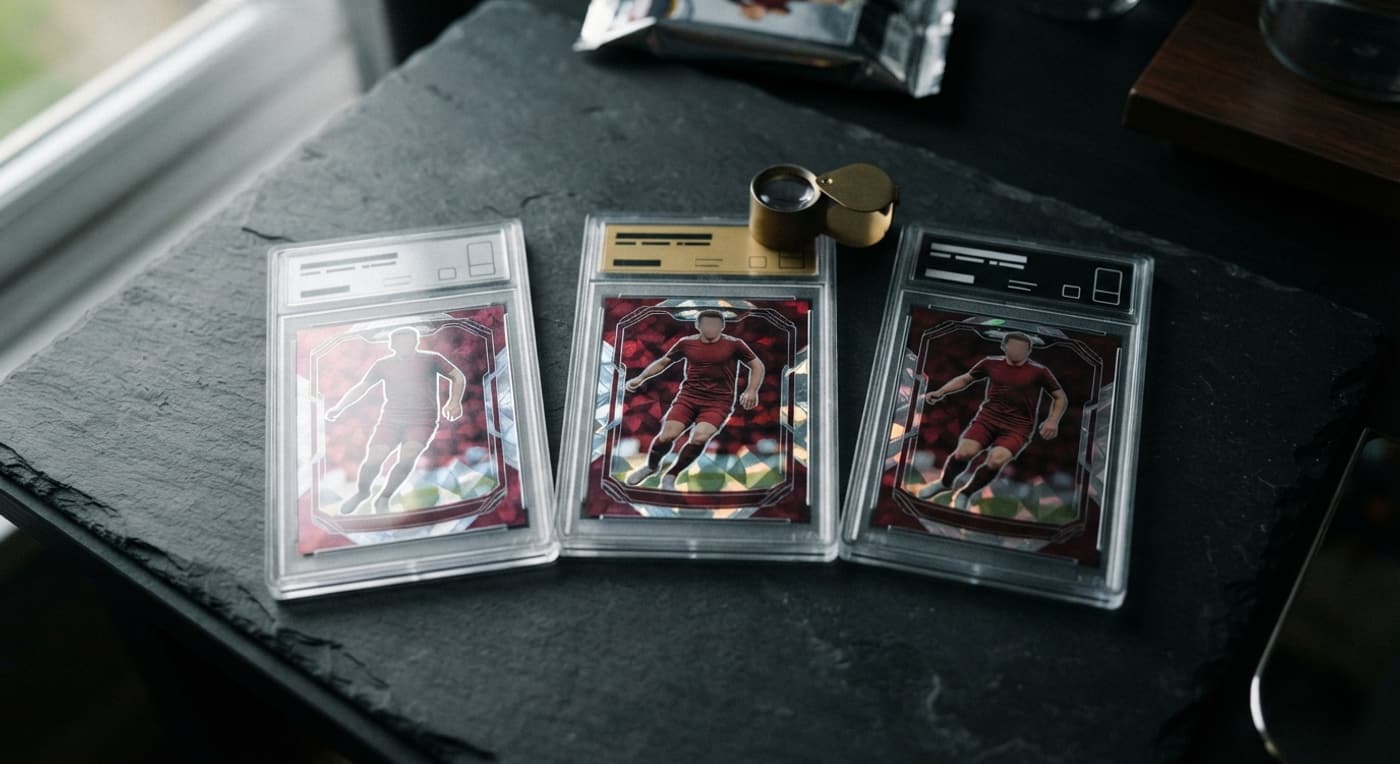 Three graded card slabs with silver, gold and black labels lined up beside a magnifying loupe.