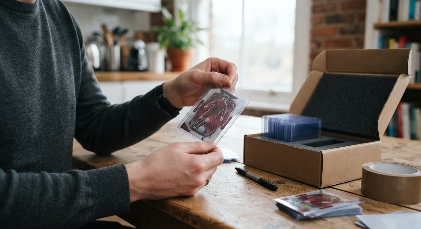 A collector slides a sleeved soccer card into a rigid holder beside a foam-lined postal box.