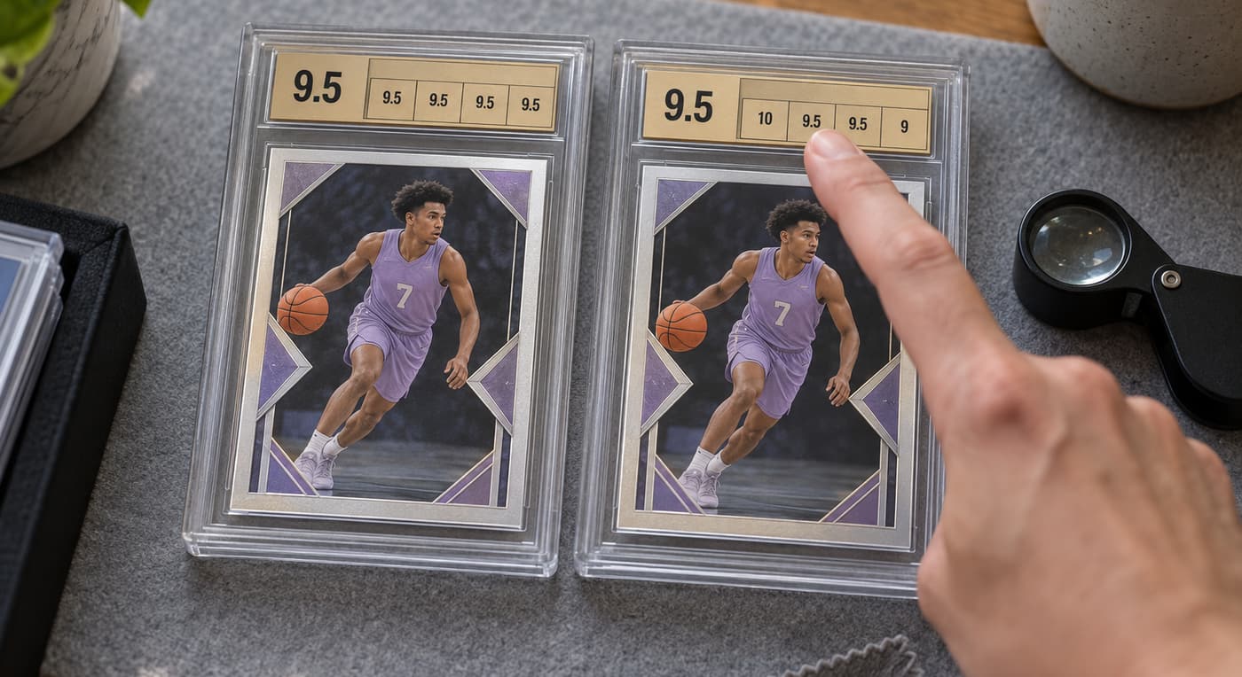 A collector points to differing subgrades on two basketball cards with matching overall grades.