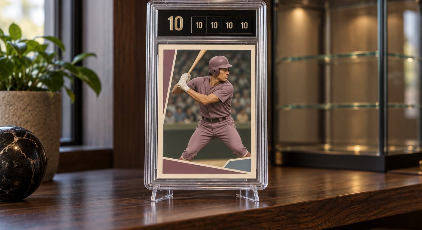 A baseball card with a black label and five perfect 10 grades stands on a clear display stand.
