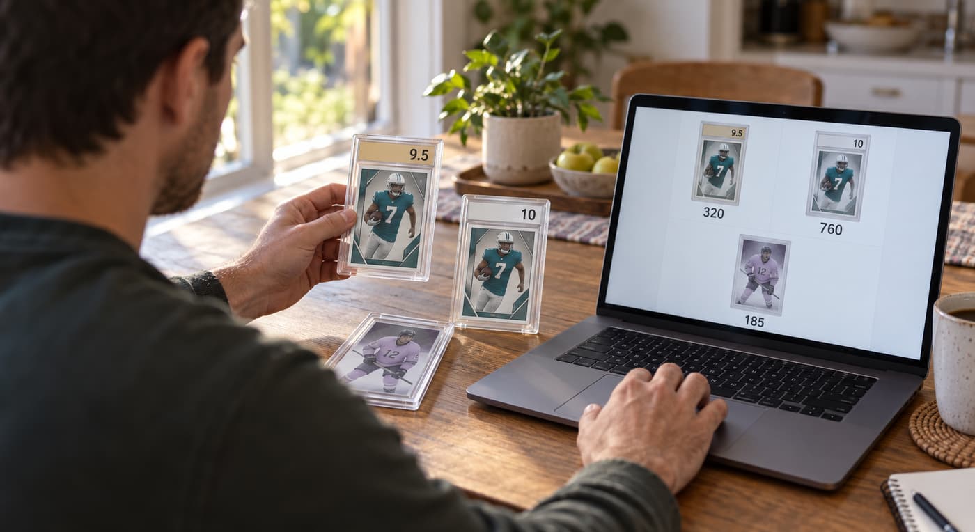 A collector compares graded football cards with card listings and numeric prices on a laptop.