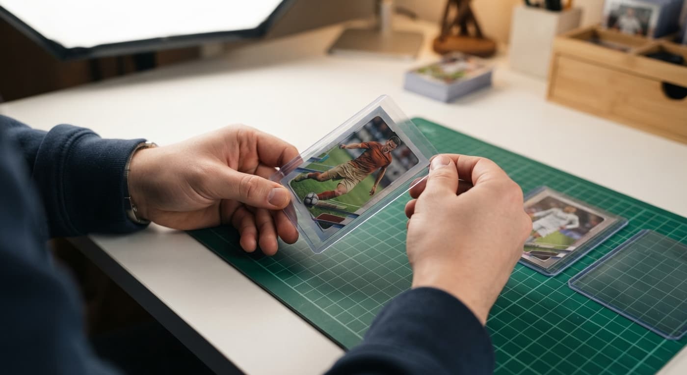 Deux mains glissent une carte de football dans un sleeve avant de la placer dans un toploader rigide.