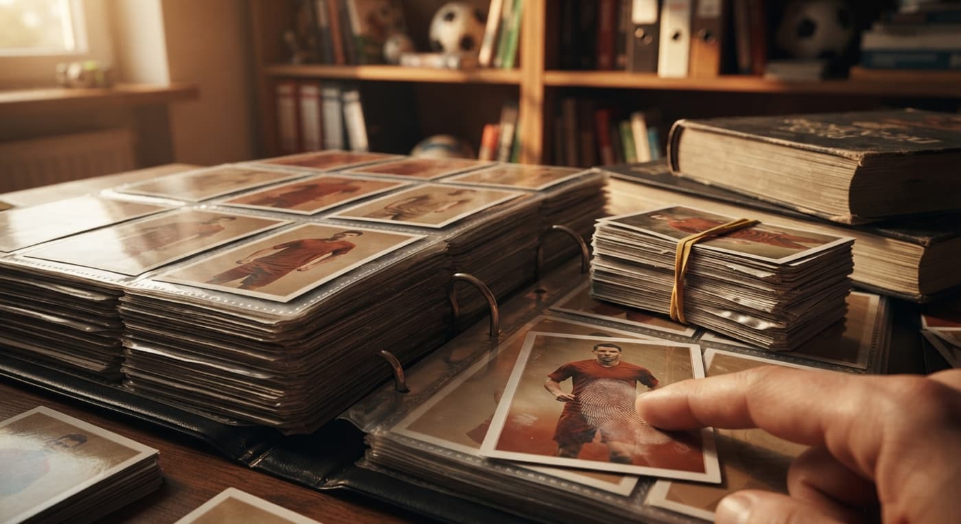 Un classeur trop plein, des cartes serrées par un élastique et des livres empilés, avec une empreinte sur une carte brillante.