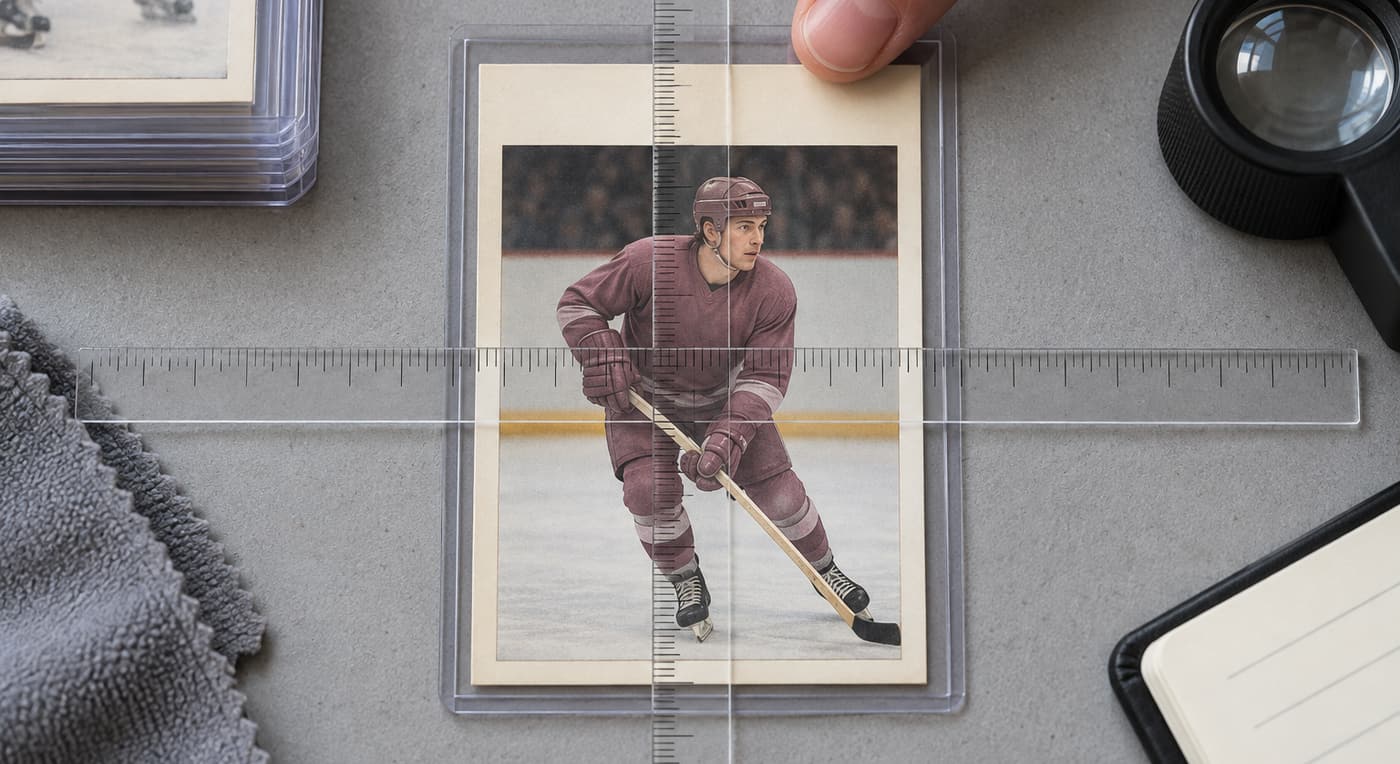 Crossed transparent rulers show equal side borders and uneven top and bottom borders on a hockey card.