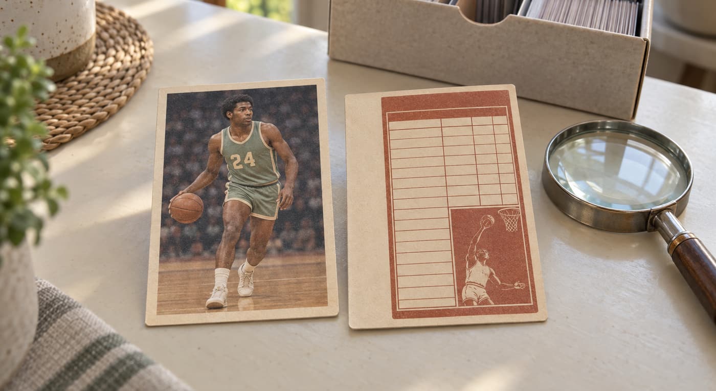 Basketball card front and back sit side by side, showing balanced front borders and an offset reverse.