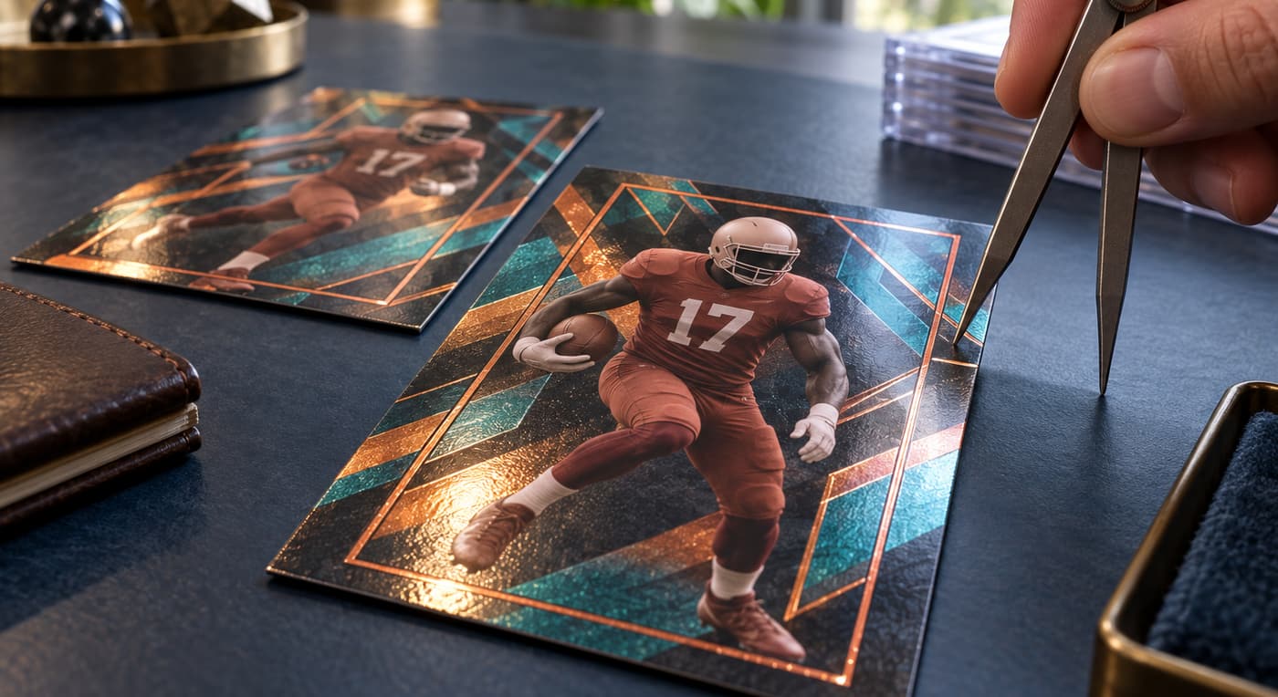 A collector holds a metal divider beside two borderless football cards with geometric foil designs.