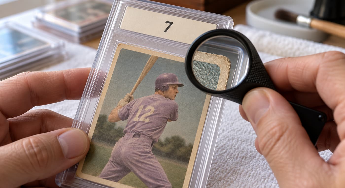 A collector examines a worn baseball card corner through a loupe over a sealed grading holder.