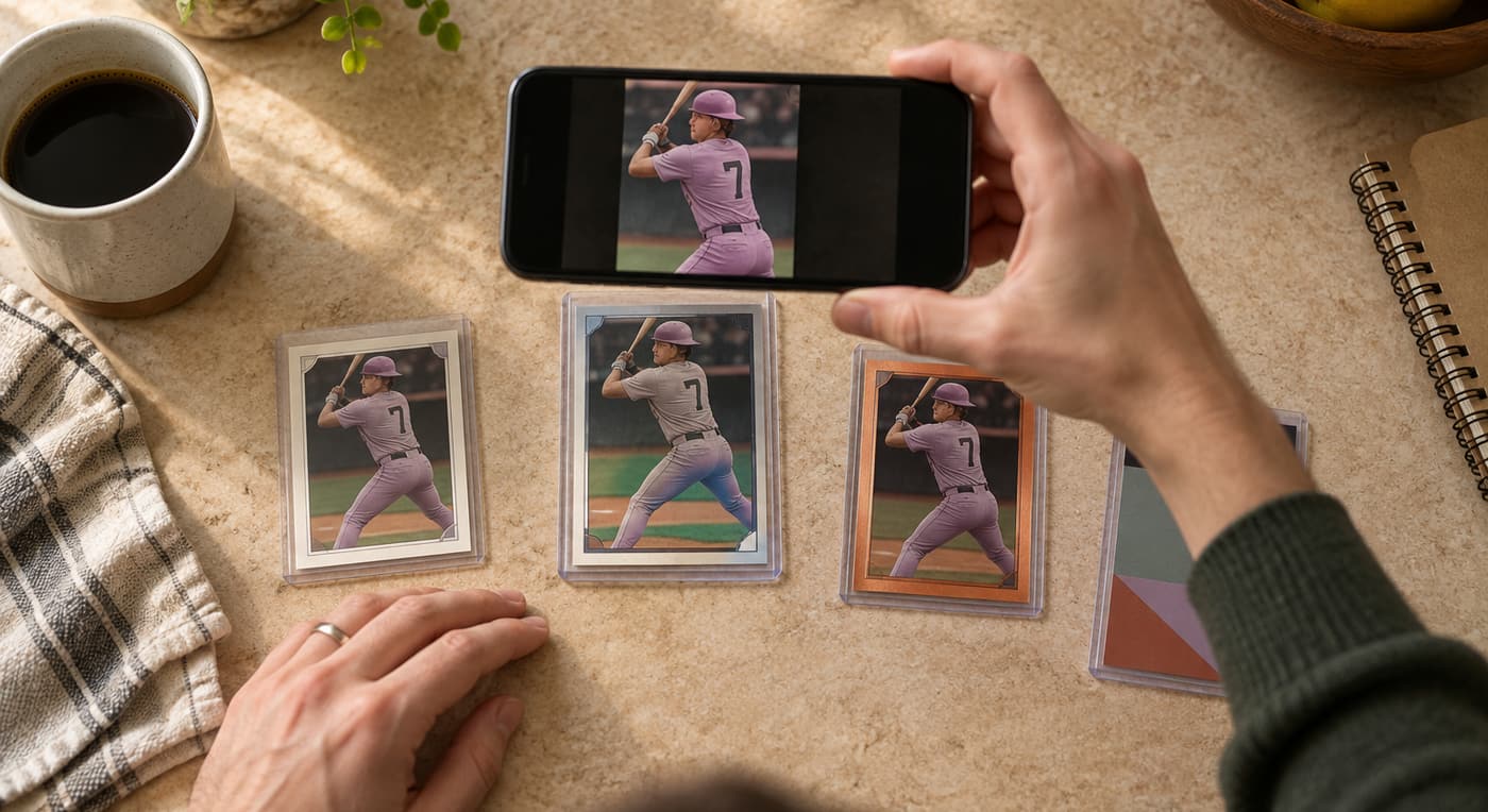 A collector uses a smartphone to examine baseball cards with different colored borders.