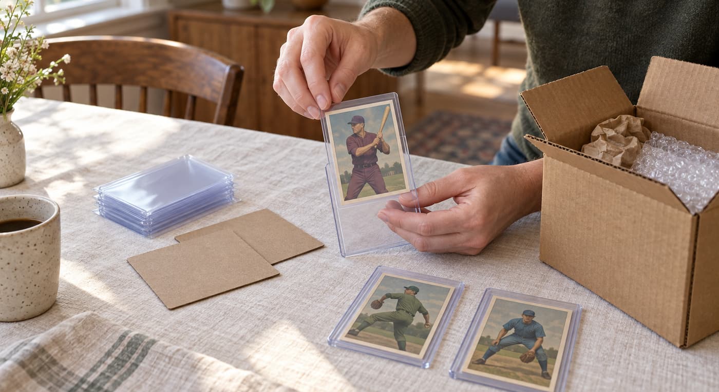 A collector places a protected baseball card into a clear holder beside packing supplies and an open box.