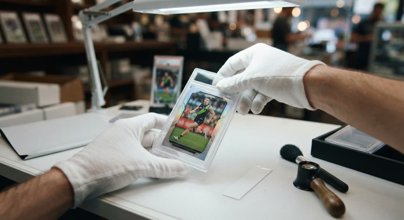 Gloved hands place a footy card into a clear protective case on a bright, tidy grading bench.