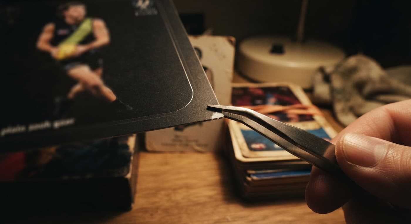 A macro view of a dark footy card corner with a small white chip, held in tweezers under raking light.