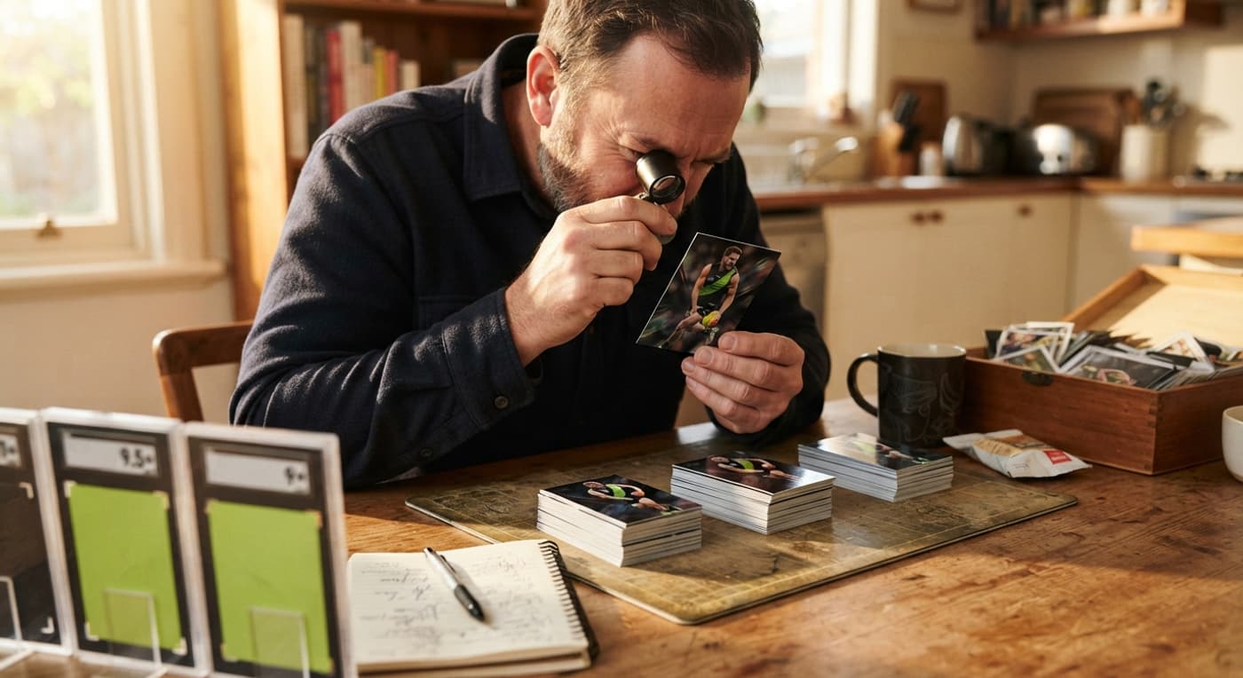 A collector studies a footy card through a loupe while sorting cards into piles at a kitchen table.