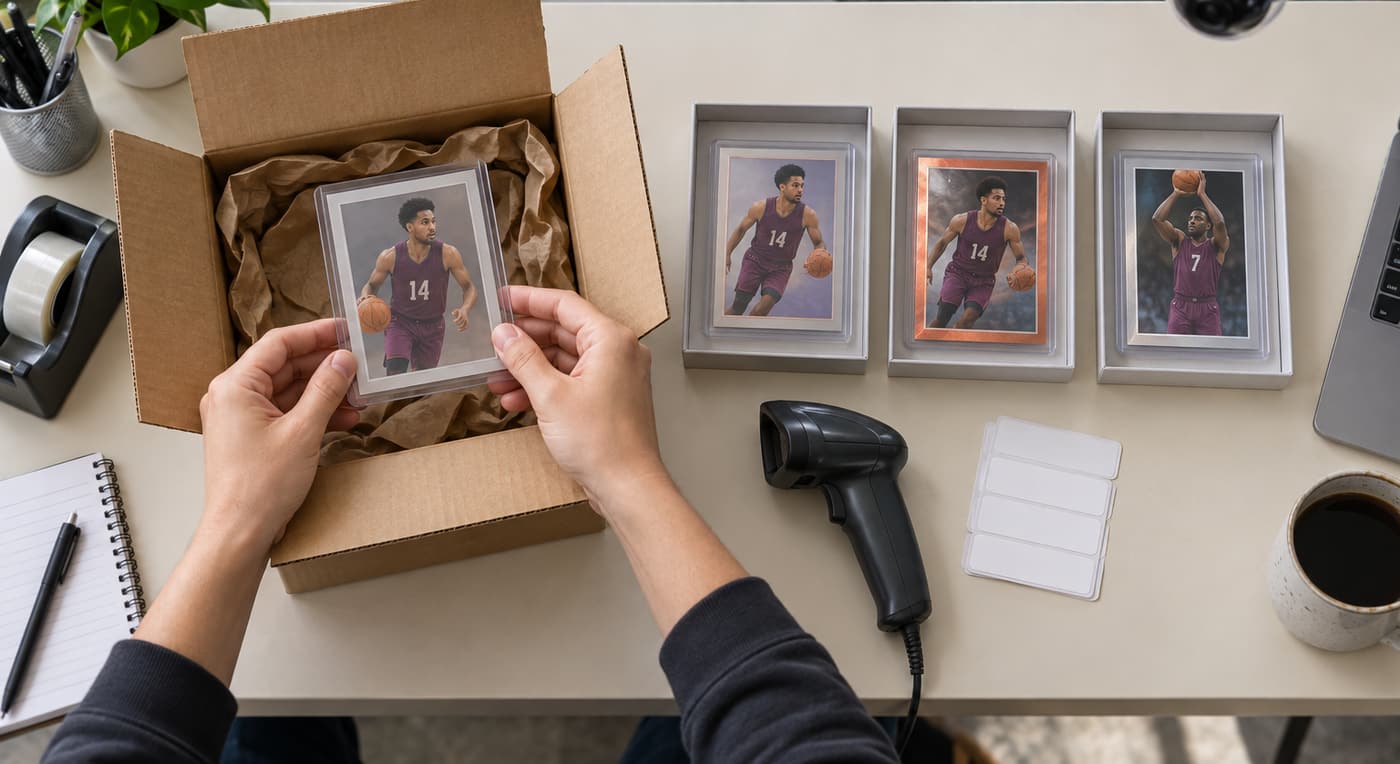 Hands unpack protected basketball cards beside sorting trays and a scanner at an intake table.