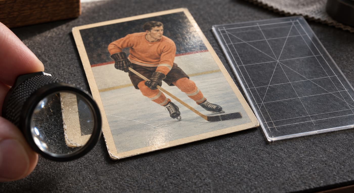 A loupe magnifies a worn hockey card corner beside a transparent centering grid.