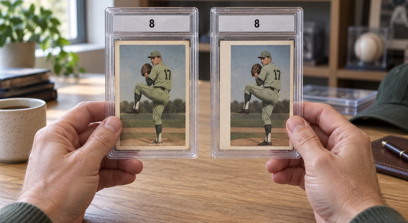 A collector compares two baseball cards in slabs marked 8 with different border alignment.