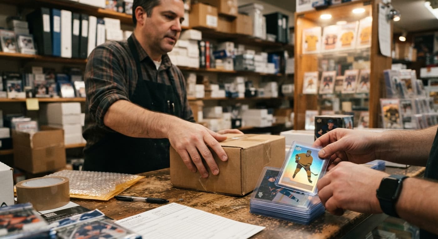 A shop dealer and customer prepare hockey cards in holders and a box for shipping at a counter.