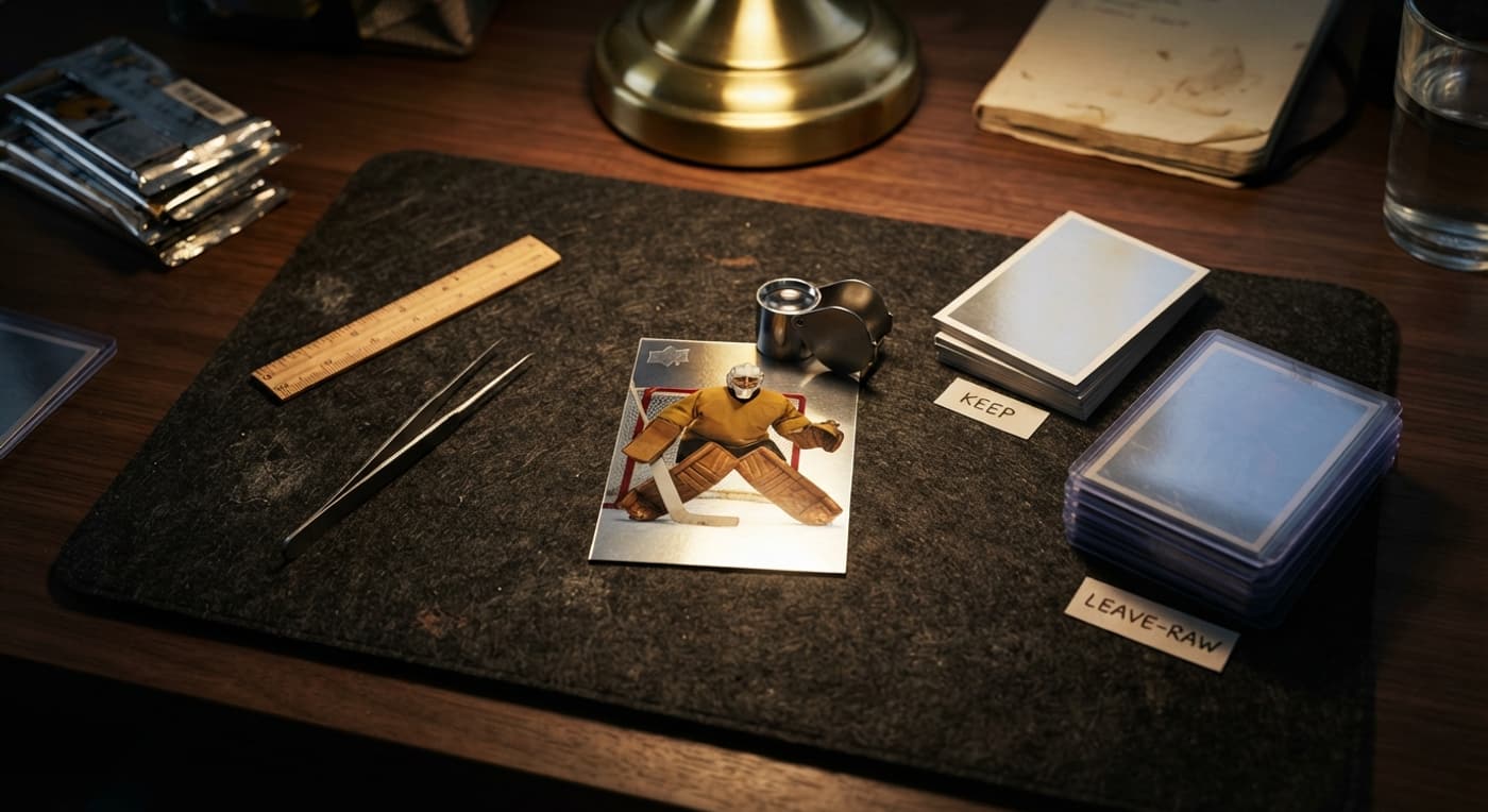 A hockey card under a lamp with a loupe, ruler and two sorted piles of cards on a felt mat.