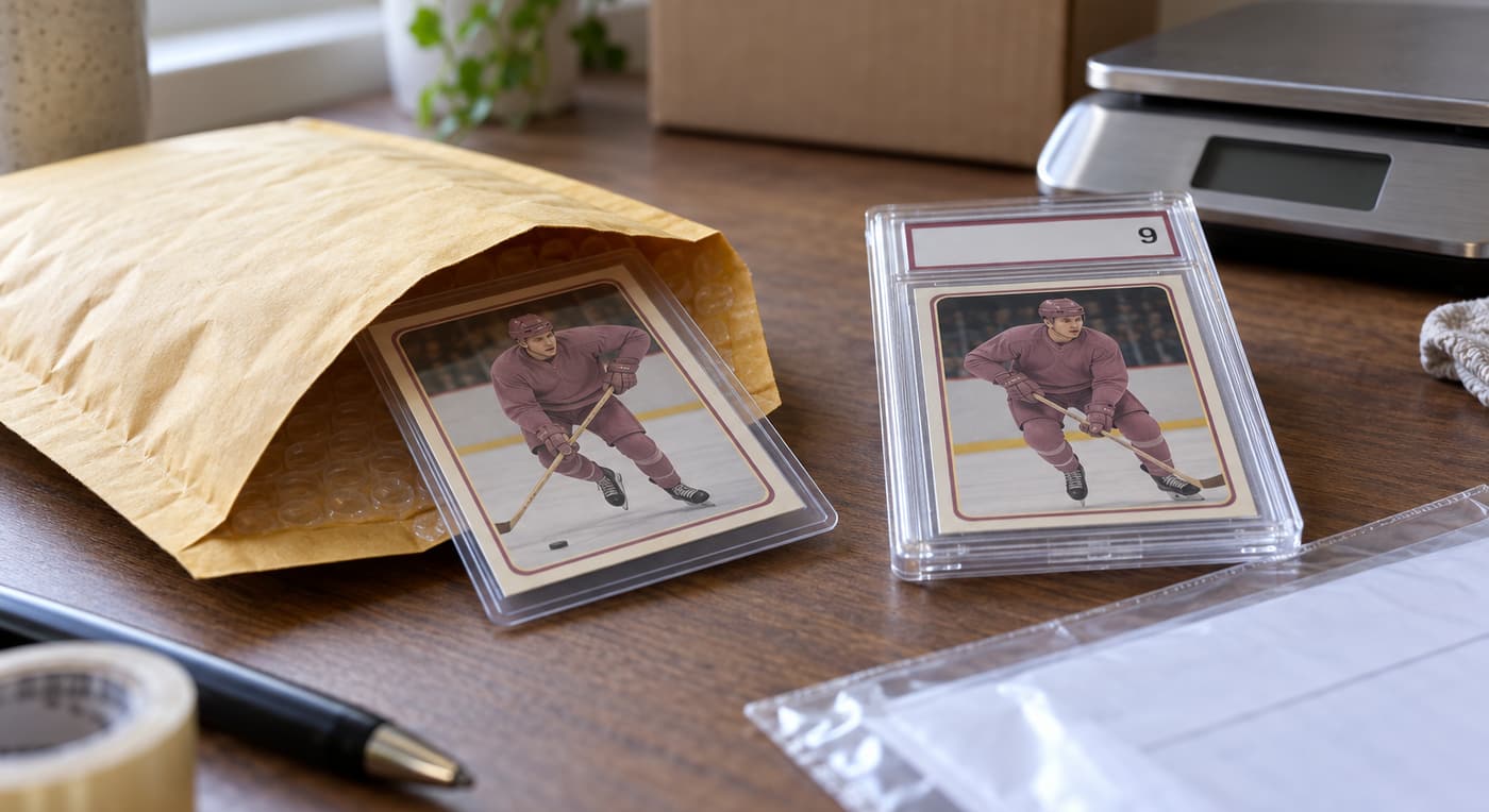 Hockey cards in protective holders sit beside a padded envelope, postal scale and paperwork.
