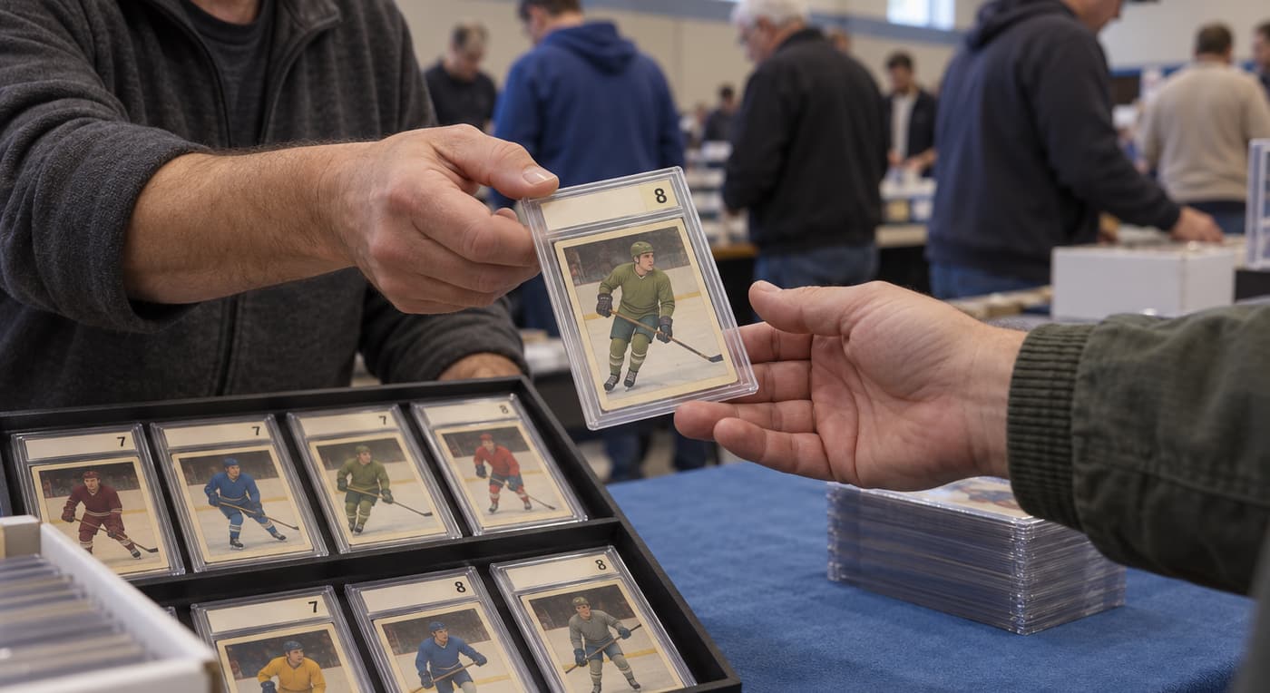 A seller hands a graded vintage hockey card to a collector at a local card show.