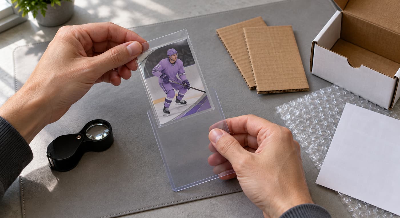 Hands slide a sleeved hockey card into a protective holder beside cardboard and bubble wrap.