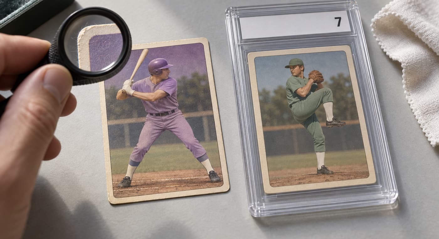 A loupe magnifies a worn baseball card corner beside a graded card in a clear slab.