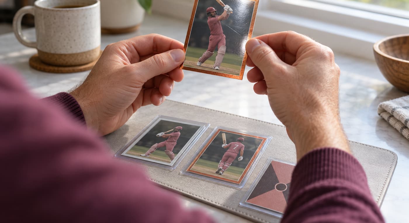 A collector tilts a cricket card towards window light to inspect its surface.