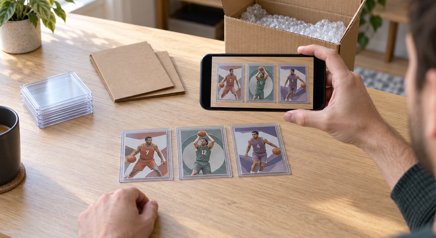 A collector photographs three protected basketball cards beside an open shipping box.