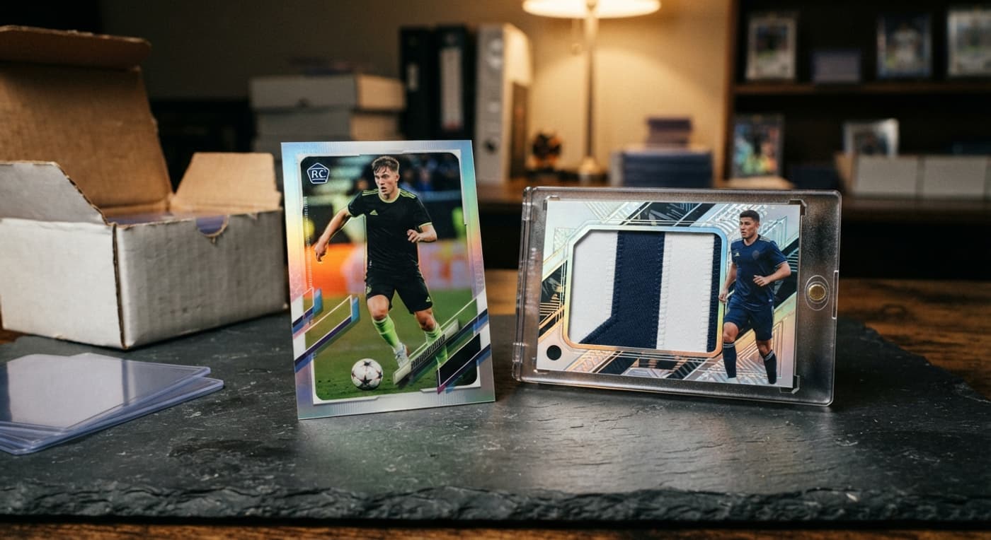 Dois cards de futebol com acabamento cromado e pedaço de camisa esportiva sobre a mesa de colecionador.