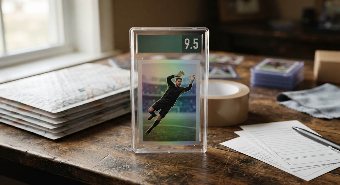 Card de futebol lacrado em case de acrílico graduado ao lado de envelopes de envio e proteção.