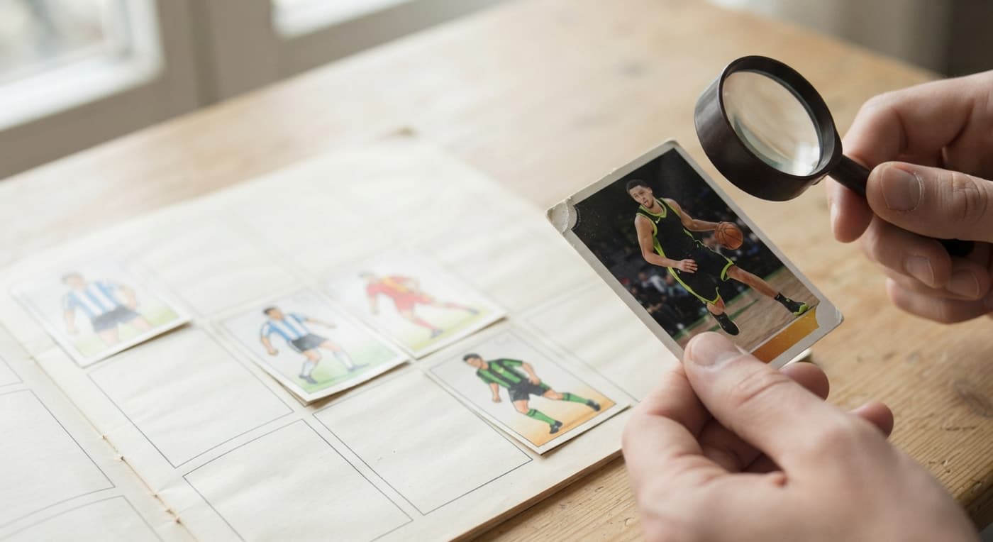 Comparación entre un cromo pegado en un álbum y una carta de baloncesto rígida con la esquina rozada.