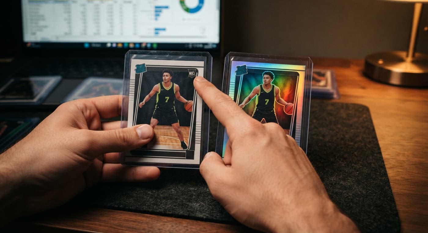 Dos cartas casi iguales de un jugador inventado, una con distintivo de rookie y otra con acabado brillante distinto.