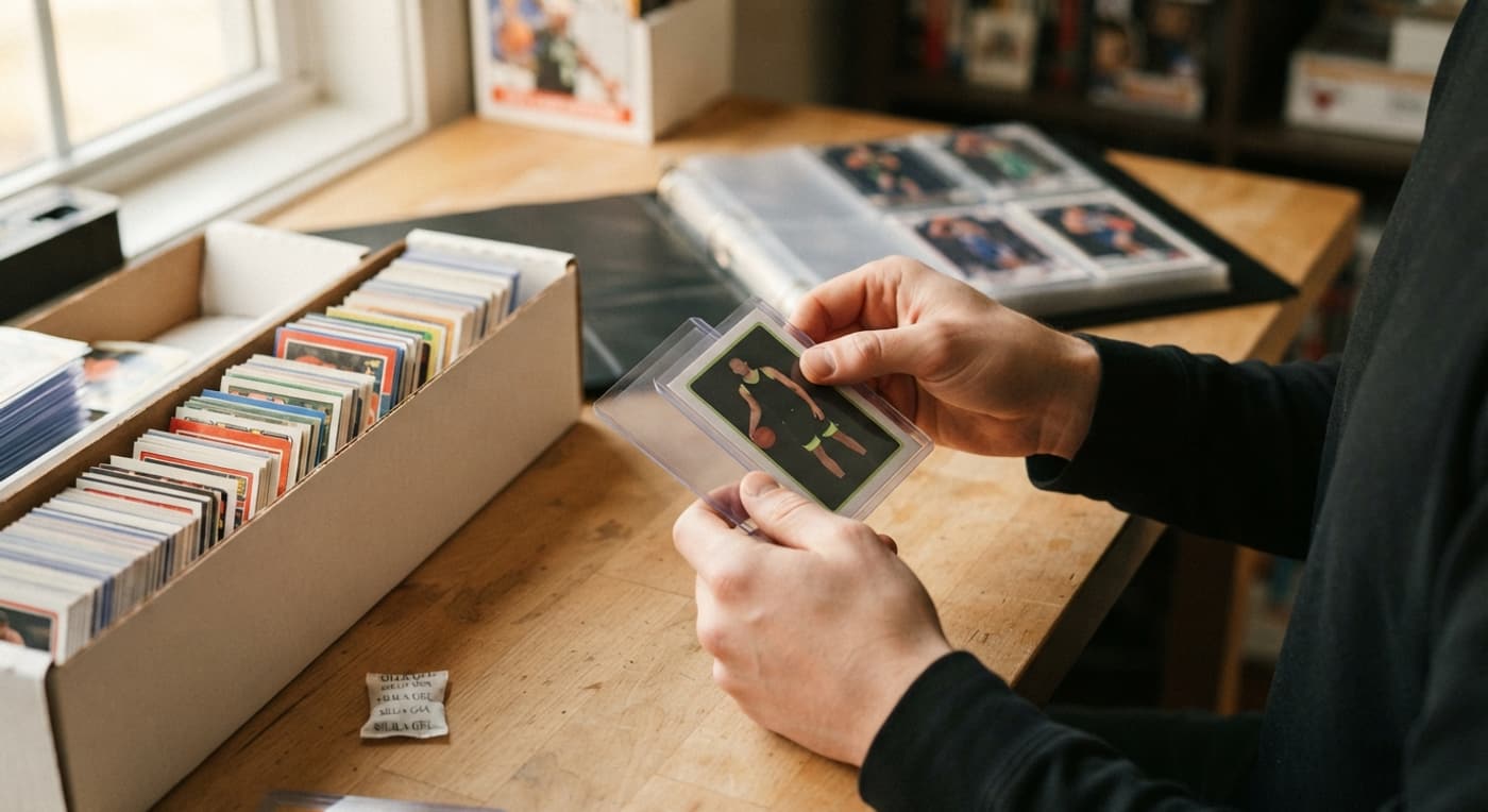 Manos metiendo una carta en una funda y un toploader junto a una caja de almacenaje y un archivador.