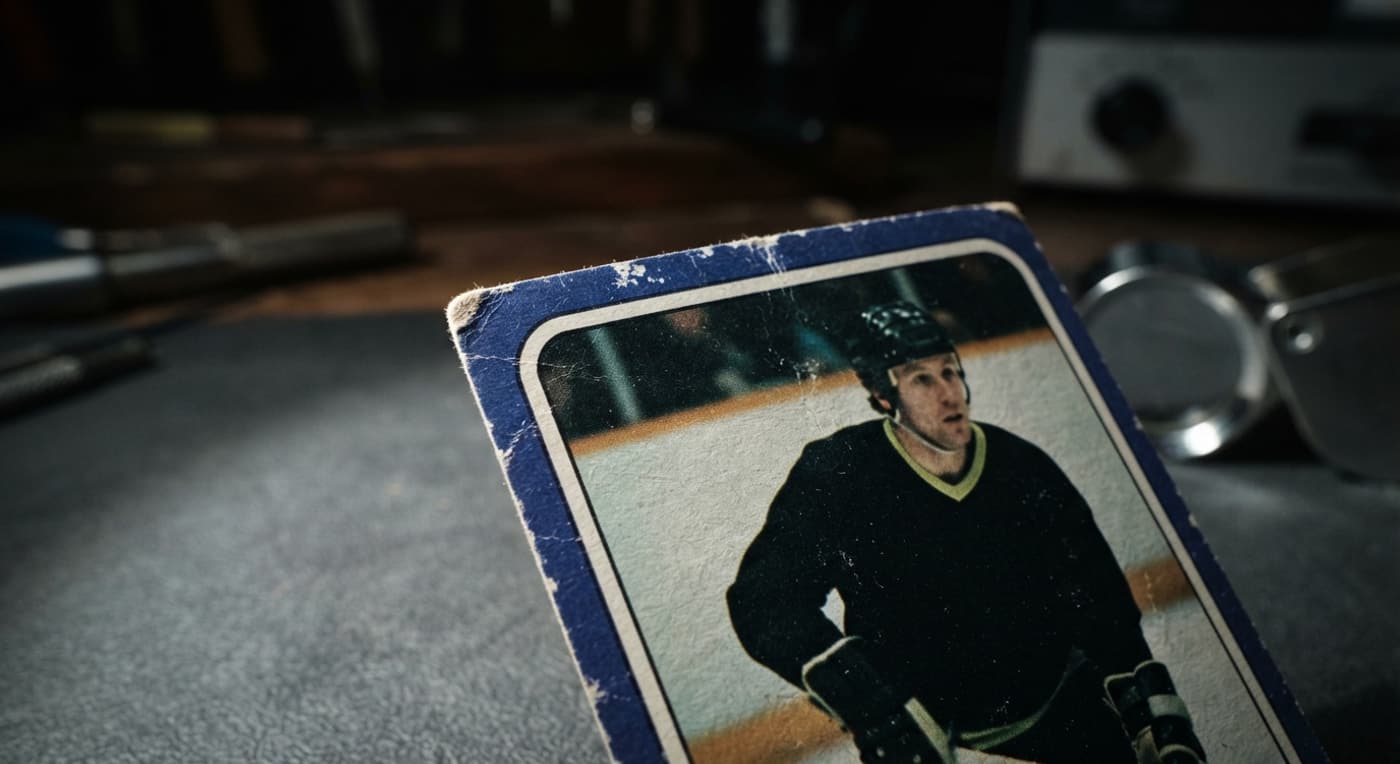 Gros plan sur le coin abîmé et blanchi d'une carte de hockey vintage sous une lumière rasante.