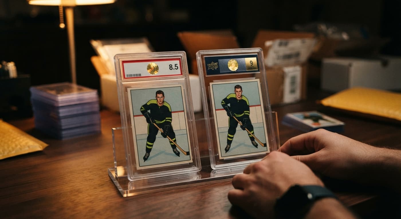 Deux cartes de hockey vintage scellées dans des boîtiers de gradation rigides sur un bureau.