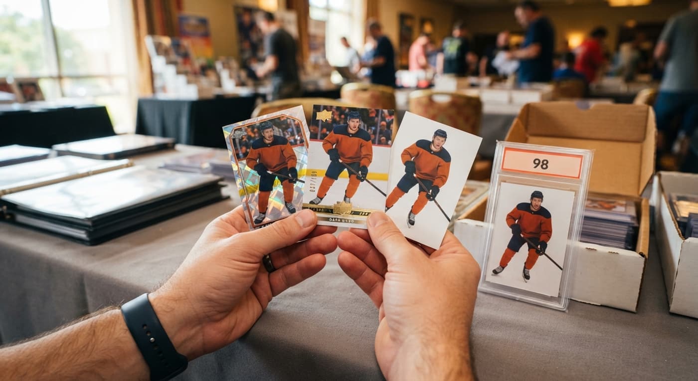 Trois cartes de hockey différentes du même joueur éventailées dans les mains d’un collectionneur.