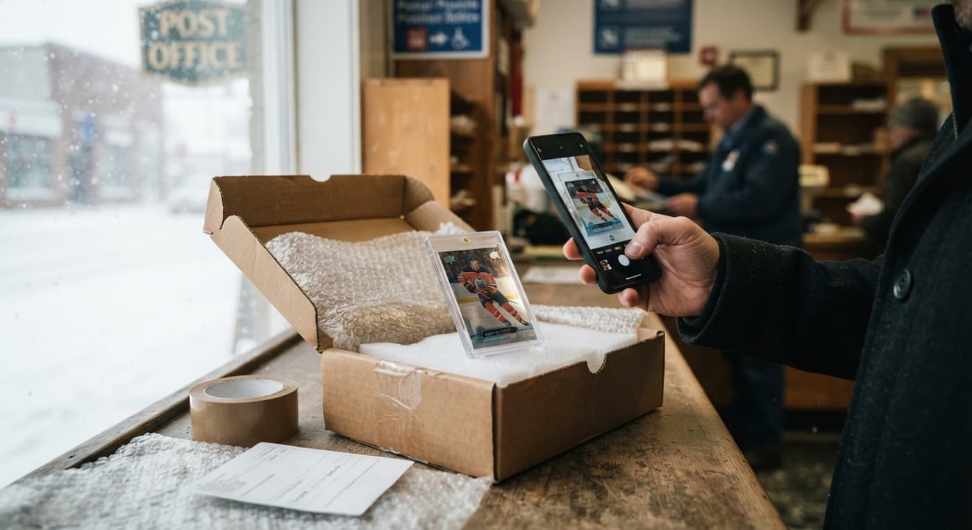 Une personne photographie une carte protégée dans une boîte rembourrée avant de l’expédier.