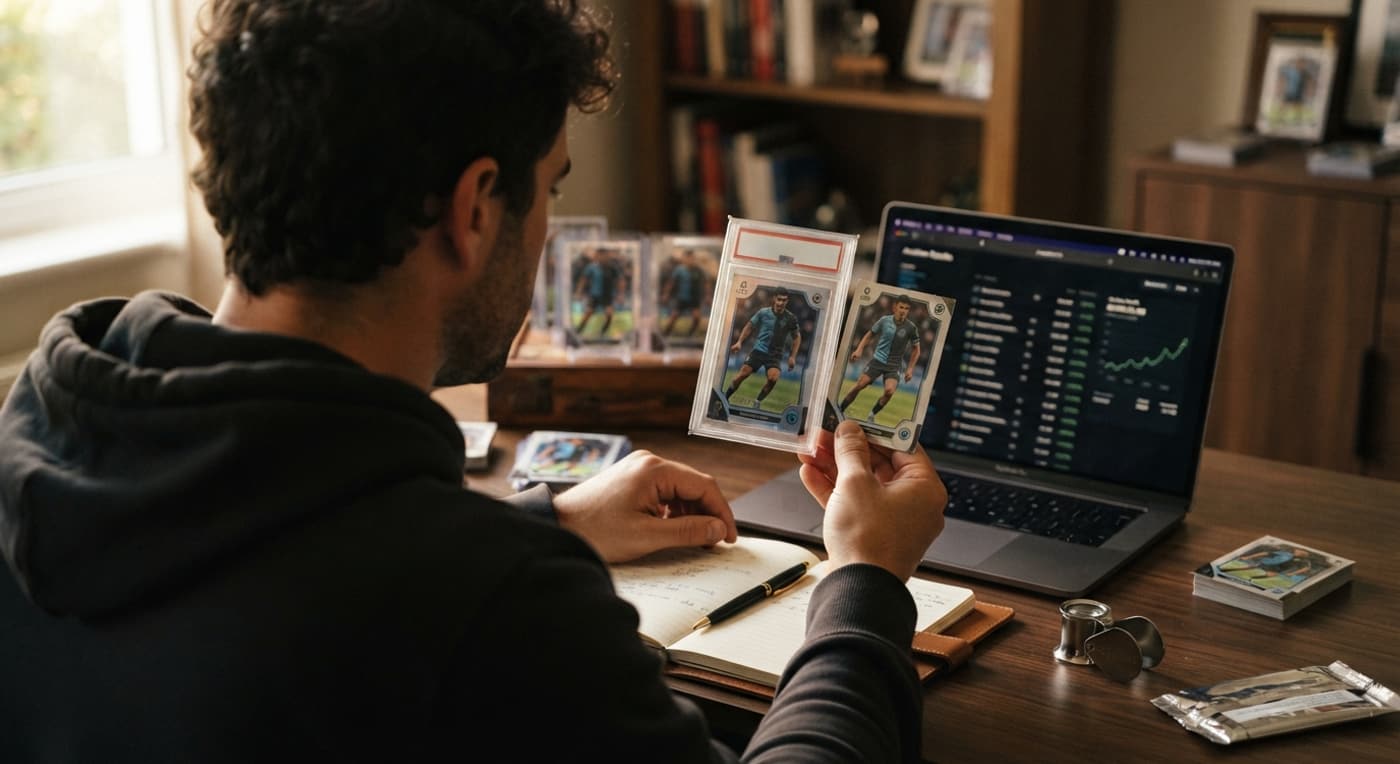 Un collectionneur compare deux cartes du même joueur, l'une numérotée sous protection rigide, l'autre de base abîmée.