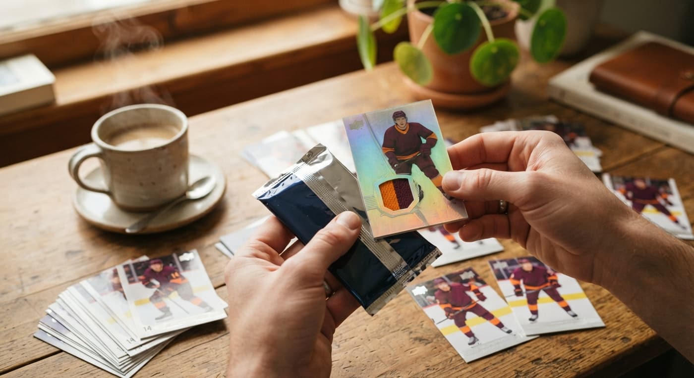 Déballage de paquets de cartes de hockey sur une table avec une carte rare à pièce de chandail.