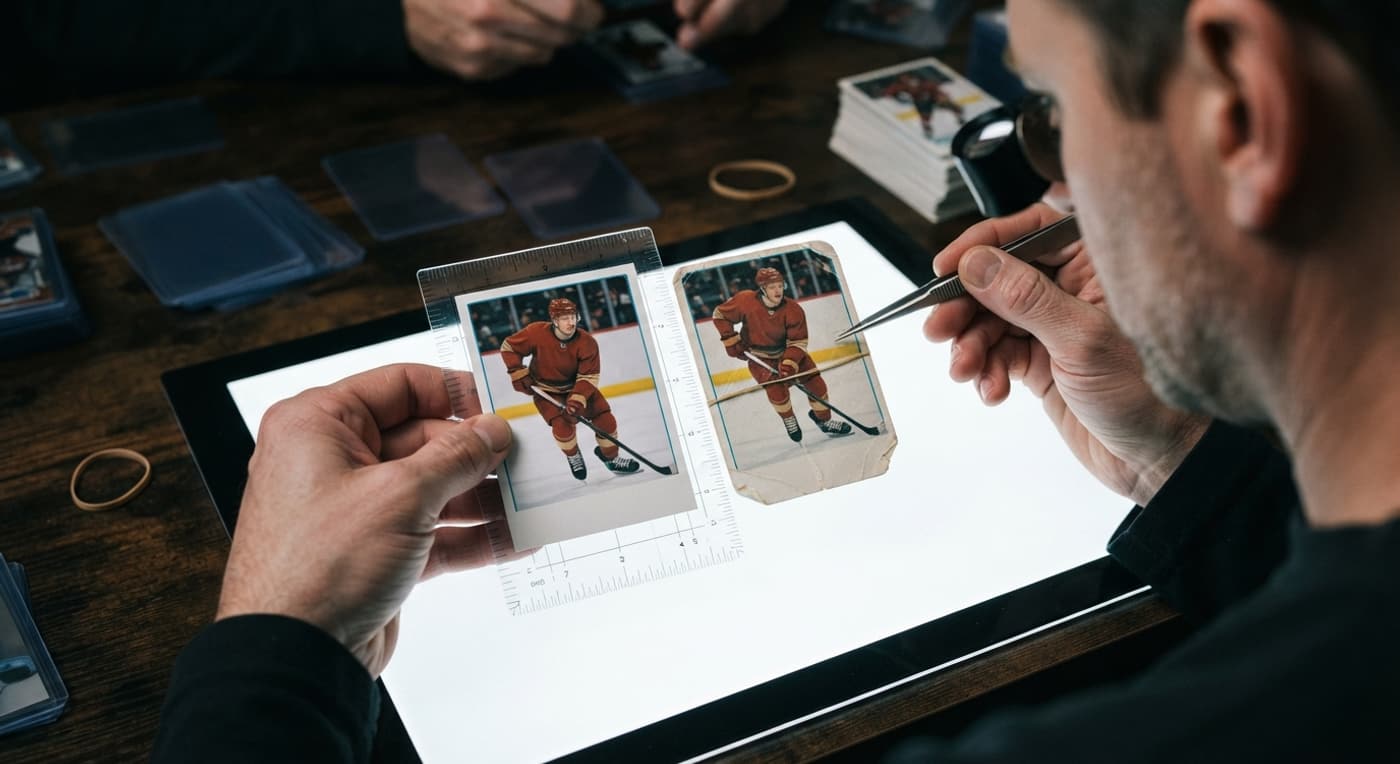 Deux cartes de hockey comparées sous une loupe, l'une impeccable et l'autre aux coins usés et marquée d'un pli.